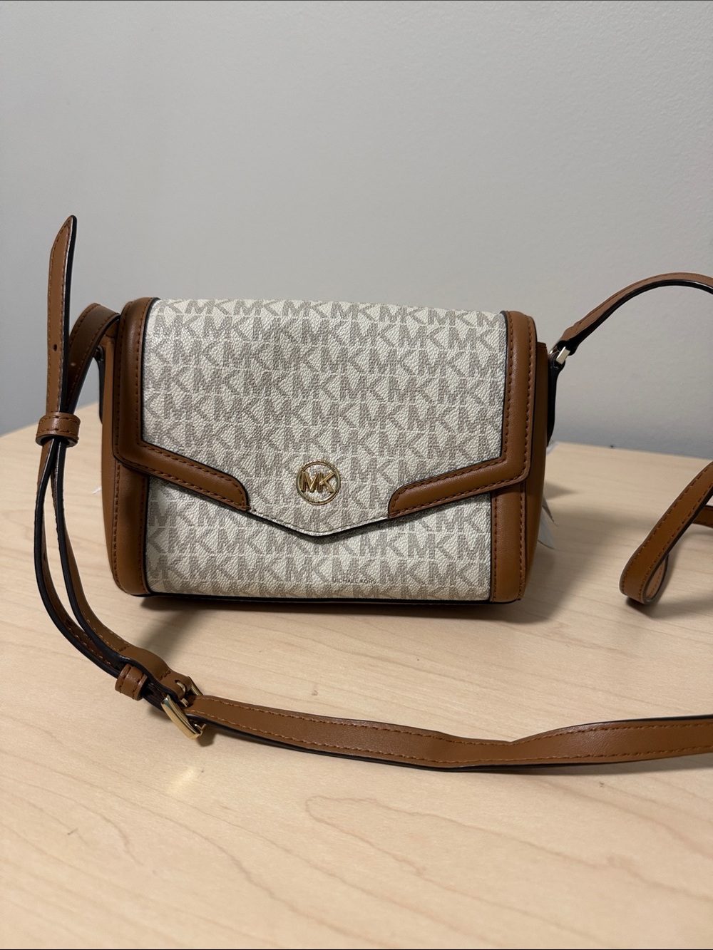 Michael Kors Beige MK Signature Crossbody with Brown Trim